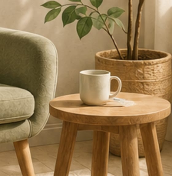 A mug on a wooden side table beside a green armchair and a plant